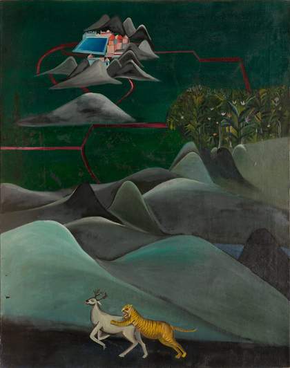 Painting of tiger hunting a stag amidst hilltops in the foreground with an urban landscape in the far background. 