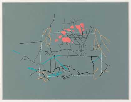 A drawing on teal coloured paper by Tina Gverović called Parastates: Meltdown Shelter-Red 2013