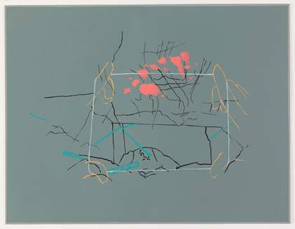 A drawing on teal coloured paper by Tina Gverović called Parastates: Meltdown Shelter-Red 2013