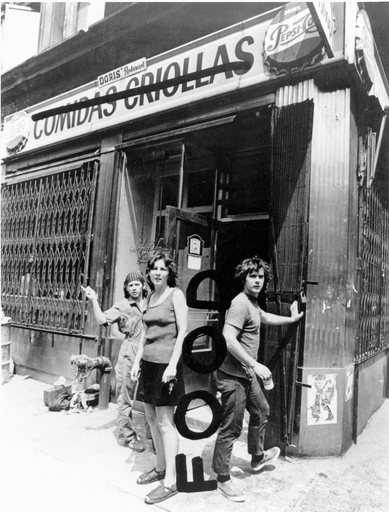 Tina Girouard Carol Goodden and Gordon Matta Clark in front of Food restaurant Prince Street at Wooster Street New York 1971