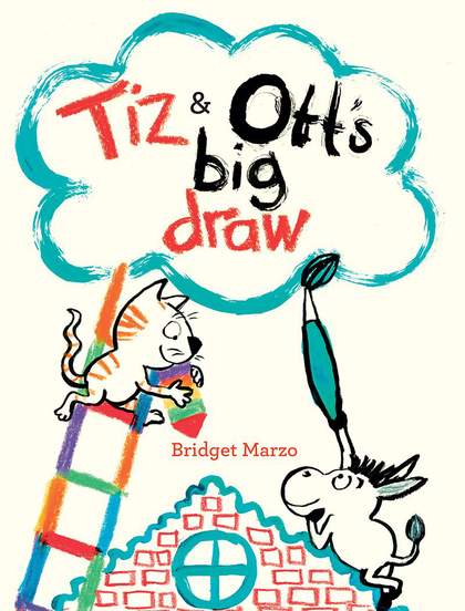 Drawing of a cat and a donkey on the roof of a house with a pencil and paintbrush used to write the title of the book.