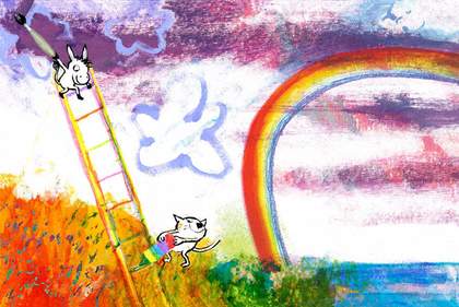 The image shows a colourful landscape by the sea with a rainbow arching over it. A small donkey is at the top of a ladder holding a paintbrush and a cat at the bottom, holding a coloured pencil.