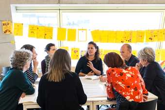 A breakout session in discussion at Experiments in Practice, 2017