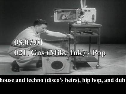 A black and white image of a man using a 16mm film projector overlaid with white text