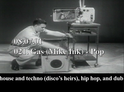 A black and white image of a man using a 16mm film projector overlaid with white text