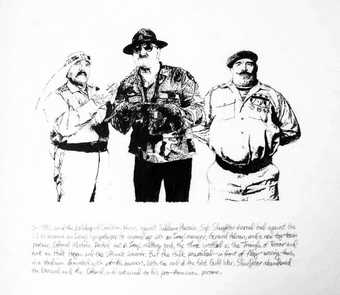 Michael Rakowitz Triangle of Terror 2009 Drawing of three men in military uniforms. There is a caption text underneath the drawing.