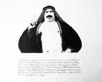 Michael Rakowitz Triangle of Terror 2009 Drawing of a bare chested man in Arab dress pointing upwards. There is a caption text underneath the drawing.