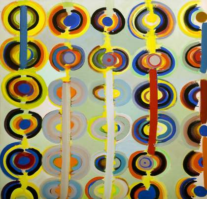 Square painting with a light green background. Rows of brightly painted circles in yellow, orange, blue, black linked by line
