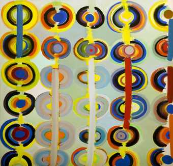 Square painting with a light green background. Rows of brightly painted circles in yellow, orange, blue, black linked by line 