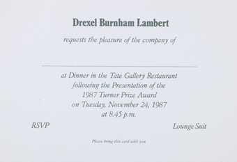 Turner Prize 1987 dinner invitation