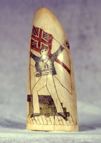Unknown This Jolly Sailor Is Waving the Royal Navy’s Flag from the Ship Cornelia Undated Scrimshaw – Sperm whale tooth 13.4 x 5.2 cm