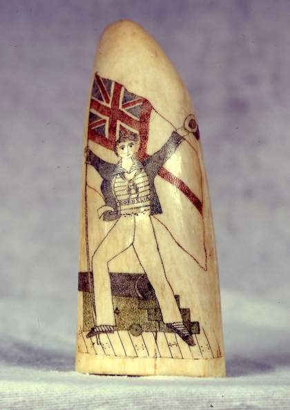 Unknown This Jolly Sailor Is Waving the Royal Navy’s Flag from the Ship Cornelia Undated Scrimshaw – Sperm whale tooth 13.4 x 5.2 cm