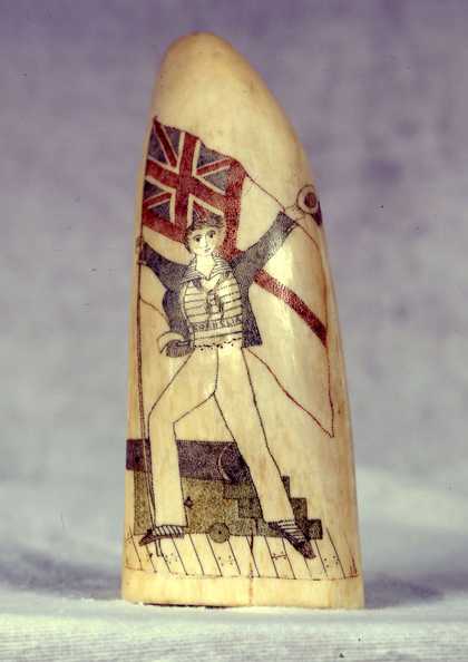 Unknown This Jolly Sailor Is Waving the Royal Navy’s Flag from the Ship Cornelia Undated Scrimshaw – Sperm whale tooth 13.4 x 5.2 cm