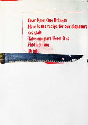 Wade Guyton and Kelley Walker Untitled from the series Guyton Walker Empire Strikes Back 2006 image of a knife with the recipe for a Ketel One cocktail on a white background
