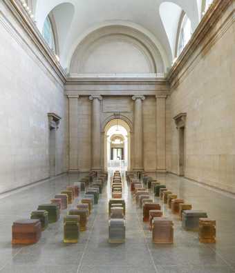 a grid of resin colour blocks in Tate Britain Duveen gallery space