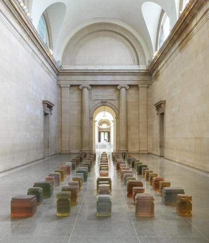 a grid of resin colour blocks in Tate Britain Duveen gallery space