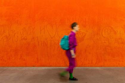 Visitor with Rudolf Stingel's 'Untitled' 1993