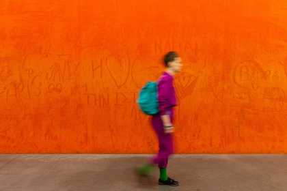 Visitor with Rudolf Stingel's 'Untitled' 1993