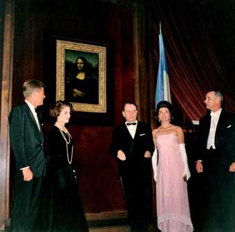 Robert Knadsen President Kennedy, Mme Malraux, French Minister of Culture André Malraux, Jackie Kennedy and Vice President Johnson at the unveiling of the Mona Lisa, National Gallery of Art, Washingto