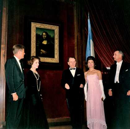 Robert Knadsen President Kennedy, Mme Malraux, French Minister of Culture André Malraux, Jackie Kennedy and Vice President Johnson at the unveiling of the Mona Lisa, National Gallery of Art, Washingto