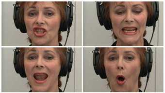 Nicoline van Harskamp European English Exercise 2013, 4 frames of a woman with headphones on speaking