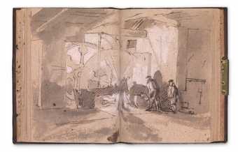 A spread from Turner's sketchbook showing the interior of a tilt forge