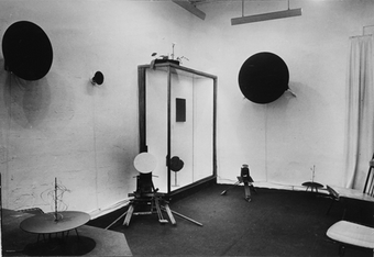 View of the exhibition Vitesse pure et stabilité monochrome (Pure Speed and Monochrome Stability), held at the Galerie Iris Clert, Paris 1958