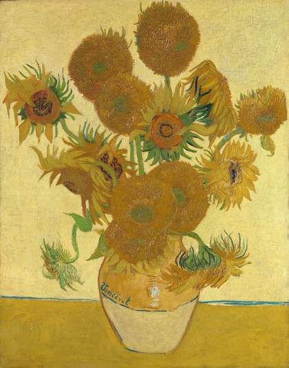 Vincent van Gogh Sunflowers 1888, painting of sunflowers in a yellow and cream vase on a table with a cream background