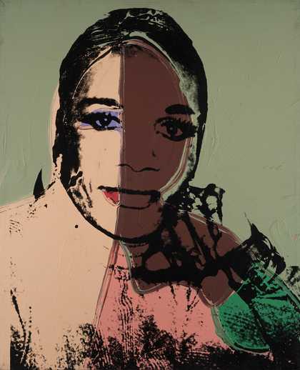 Pink and green painting with black screen print of a drag performer