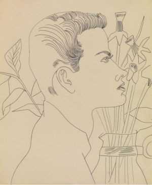 Pencil drawing of side profile of a young man with bunch of flowers in vase behind him