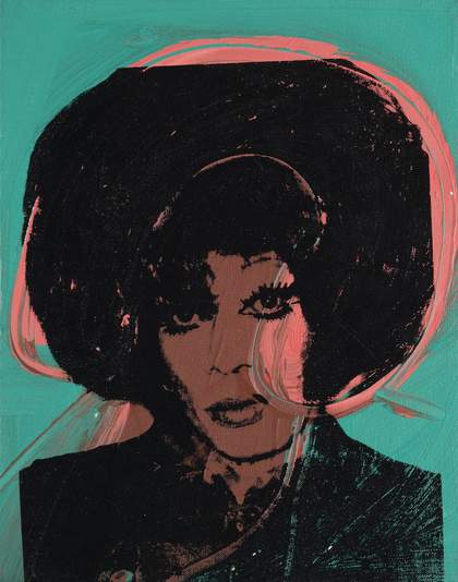 Green and pink painting with black screen print of drag performer