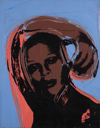 Red and blue painting with screen print of drag performer