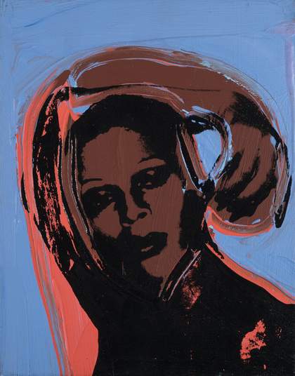 Red and blue painting with screen print of drag performer
