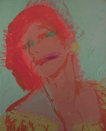 Red and green painting with screen print of a drag performer