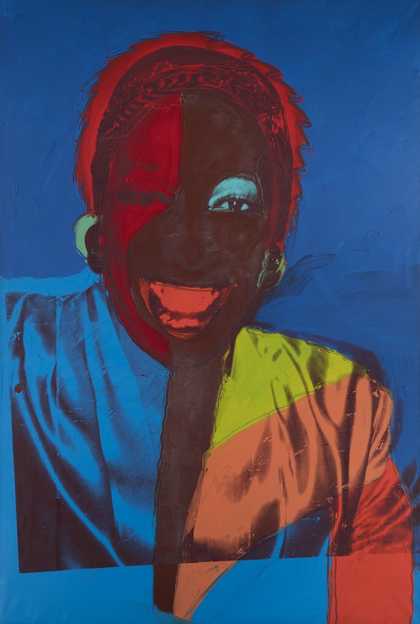 Red and blue painting with screen print of drag performer