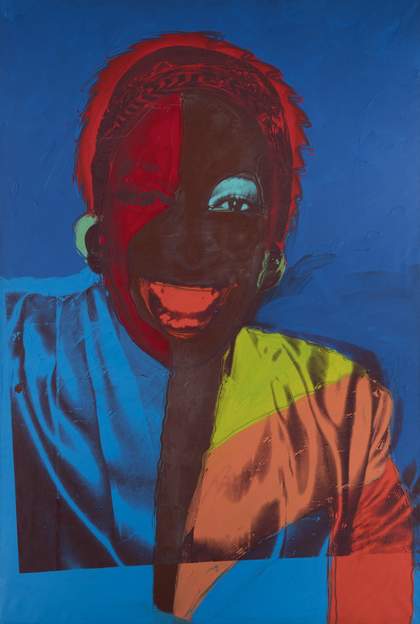 Red and blue painting with screen print of drag performer