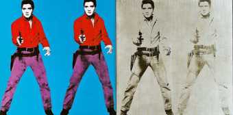 Screen print of Elvis Presley repeated four times. Two in bright blue, purple and red, two in black and white