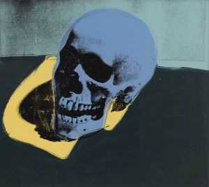 Screen print of a skull in blues, yellow and dark green