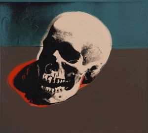Screen print of a skull in beige, blue and brown with a hint of red