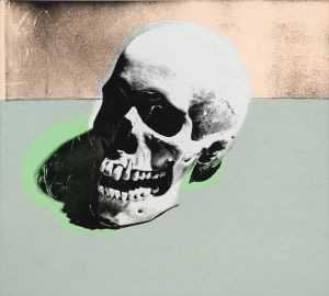 Screen print of a skull in grey, pale green and beige