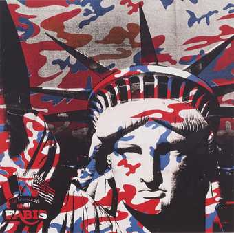Screen print of the face of the Statue of Liberty with camouflage print over the top