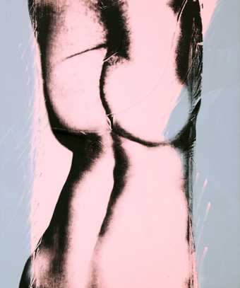 Screen print of a male torso pictured upside down and from behind