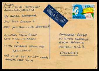 Back of a postcard from Lawrence Weiner to Barbera Reise postmarked 16 June 1970