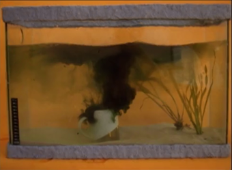 Film still of a coffee cup submerged in a fish tank