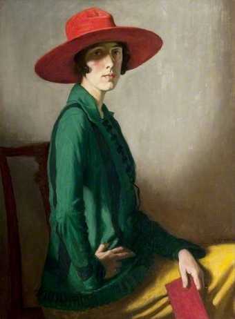 A painting of a woman wearing a red hat, green coat and yellow skirt