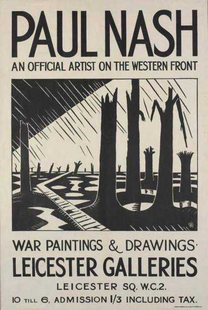 Black and white poster for Void of War exhibition 1918 showing an image of a graphic style illustration of a worn torn landscape