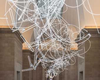 Colour photograph of Cerith's neon installation in the duveens