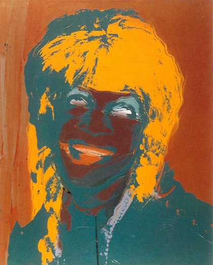 Green, yellow and red painted background with screen print of drag performer
