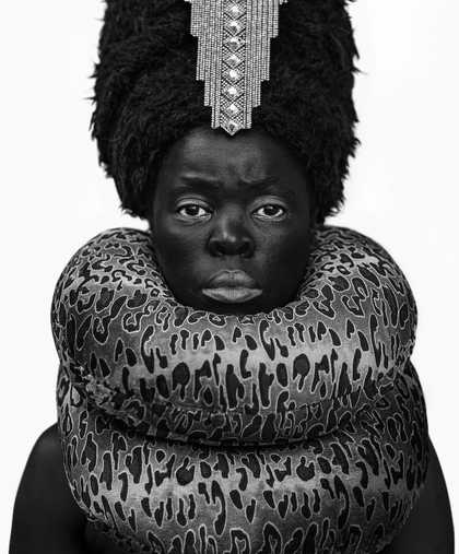 Artwork photo of Zanele Muholi with a snake around her neck