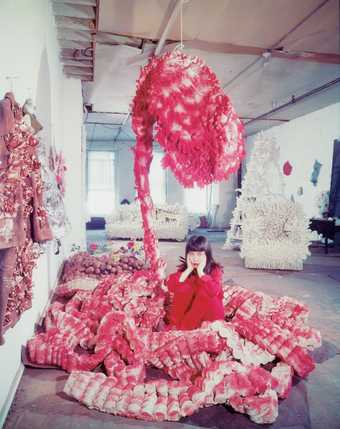 Yayoi Kusama lying on the base of My Flower Bed (1962) in New York, c. 1965